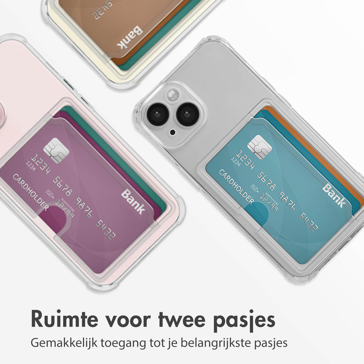 Phone cases with cards; text says 'Space for two cards' and 'Easy access'.