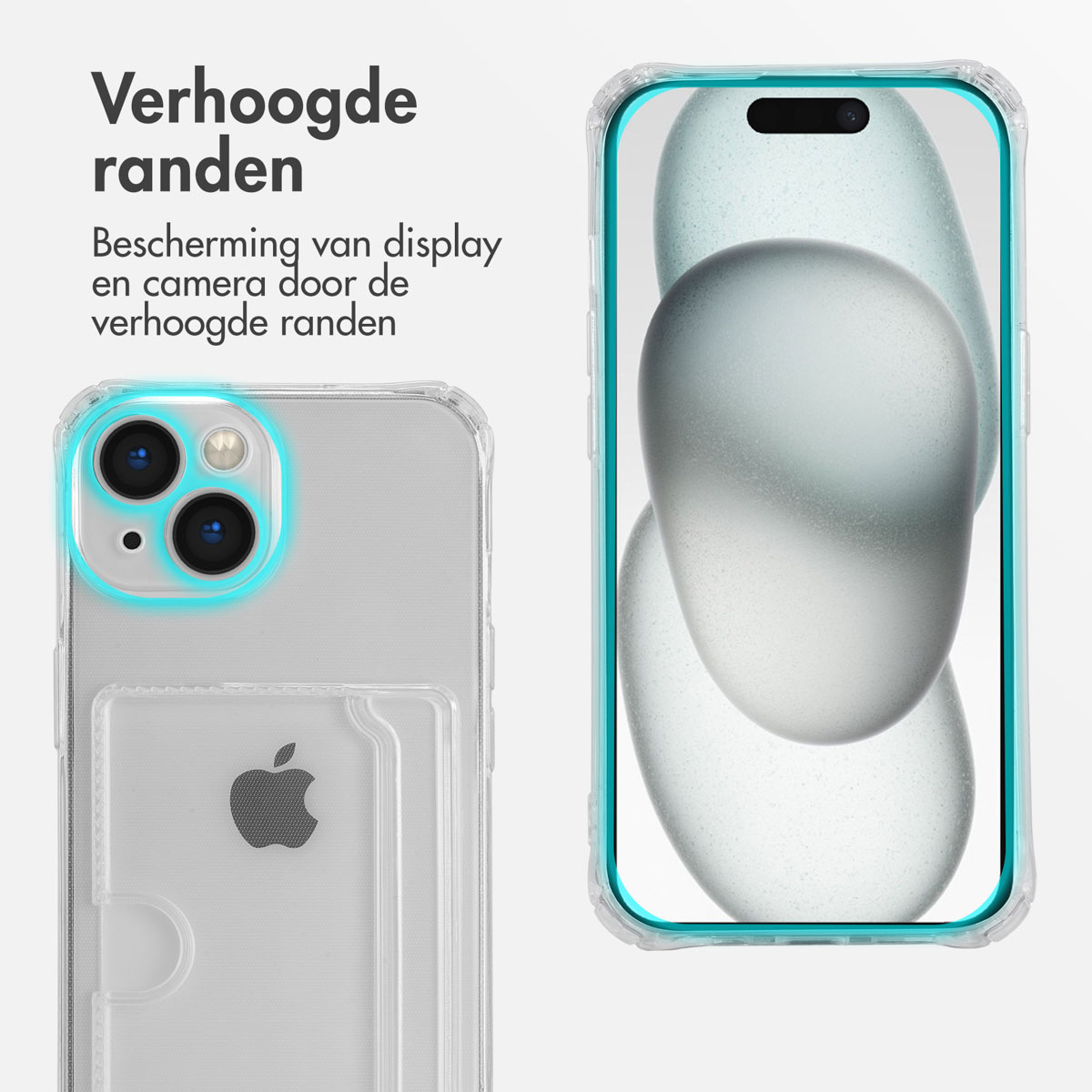 Clear phone case with a card holder, an iPhone, and a blurred background.