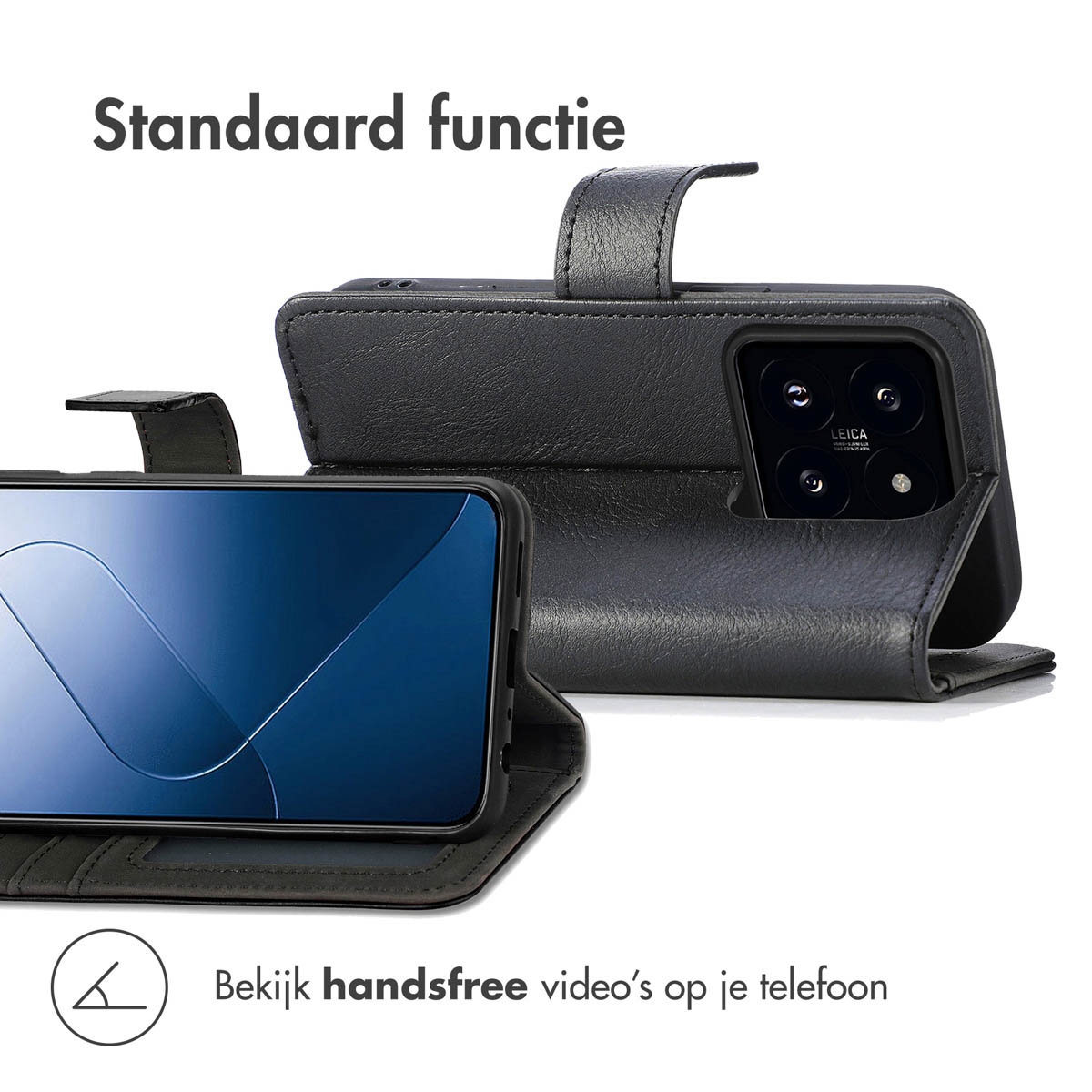 Étui de téléphone en cuir noir ouvert avec un téléphone affichant un écran avec des applications.