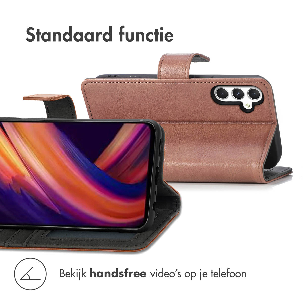 Étui de téléphone marron avec un téléphone à l'intérieur. L'écran affiche une vidéo.