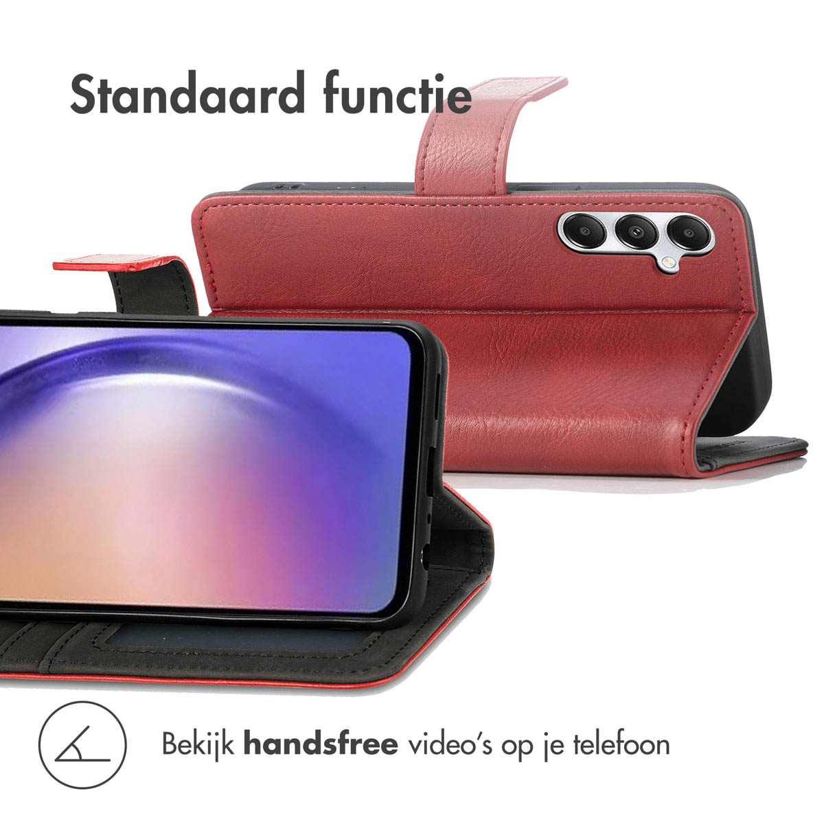 Un étui de téléphone rouge avec un téléphone à l'intérieur, exposé sur une surface blanche. Le texte indique 'Standaard functie'. L'écran du téléphone est visible.