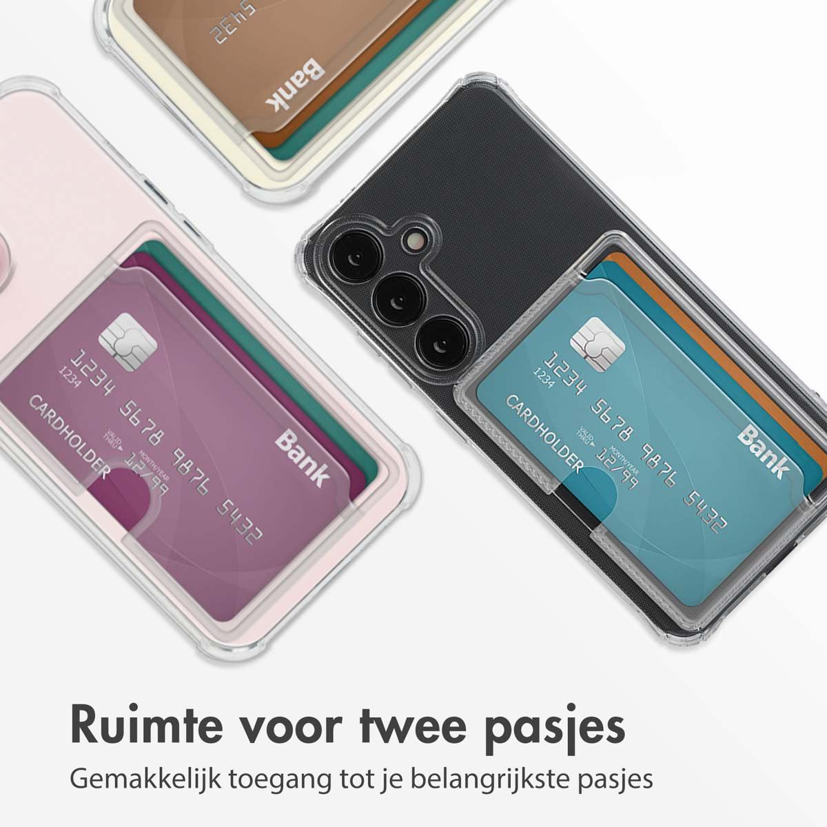 Tre custodie per telefono con carte all'interno. Una rosa, una nera e una beige.