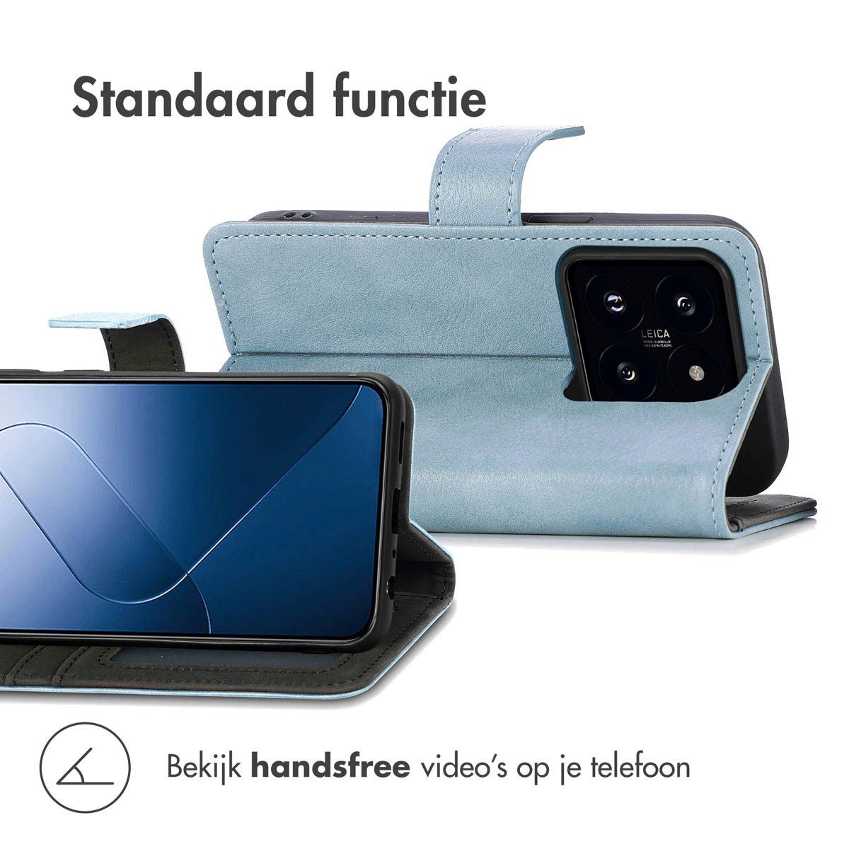 Un téléphone dans un étui bleu clair de style cuir, ouvert, montrant l'écran. L'étui a un support.