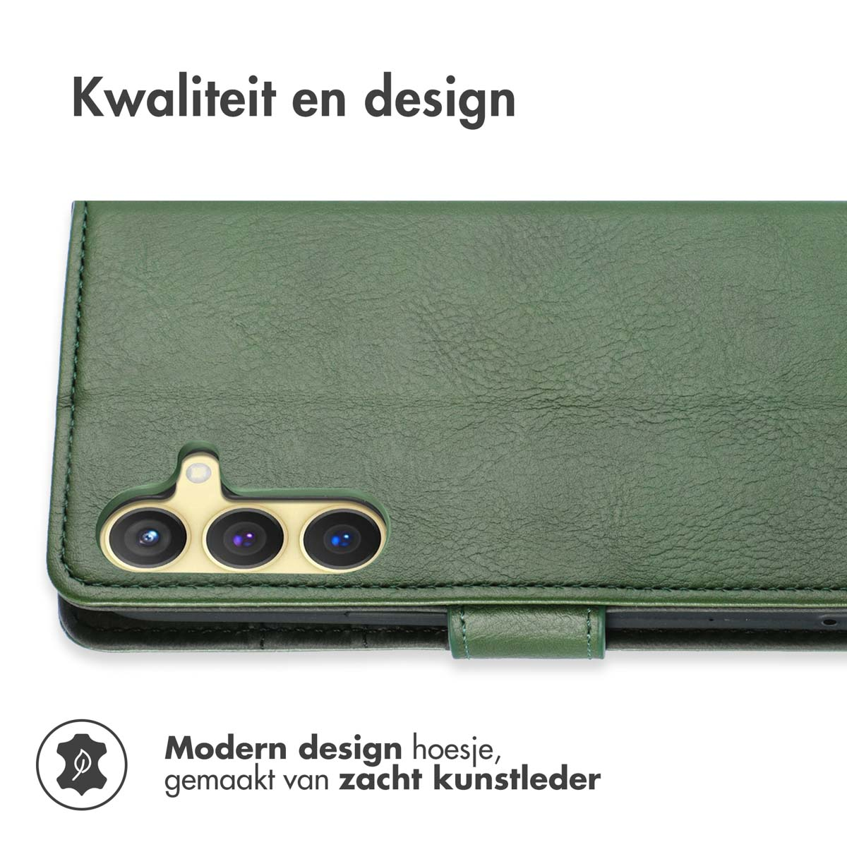 Een groene telefoonhoes met een telefoon. De hoes is gemaakt van leer.