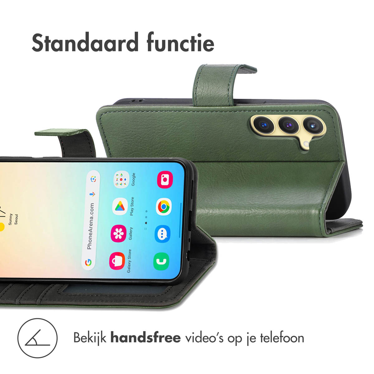 Groene telefoonhoes met een telefoon erin. Het scherm toont een app-scherm.