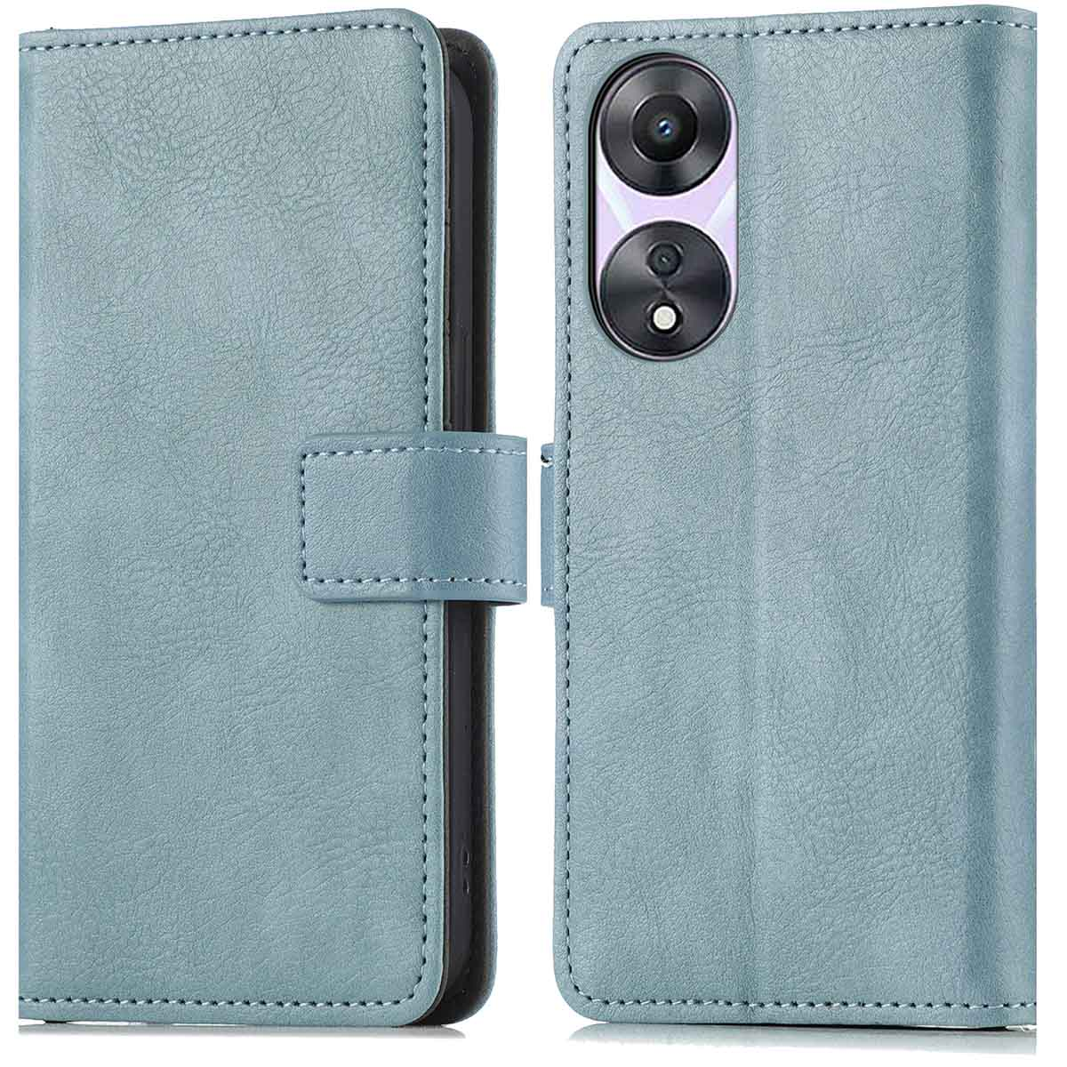 Een blauwe telefoonhoes. Tekst: De achterkant heeft inkepingen, dit zorgt voor een fijne grip.