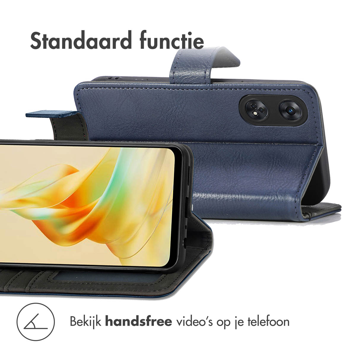 Un étui de téléphone bleu avec fonction de support et un smartphone affichant un écran coloré.