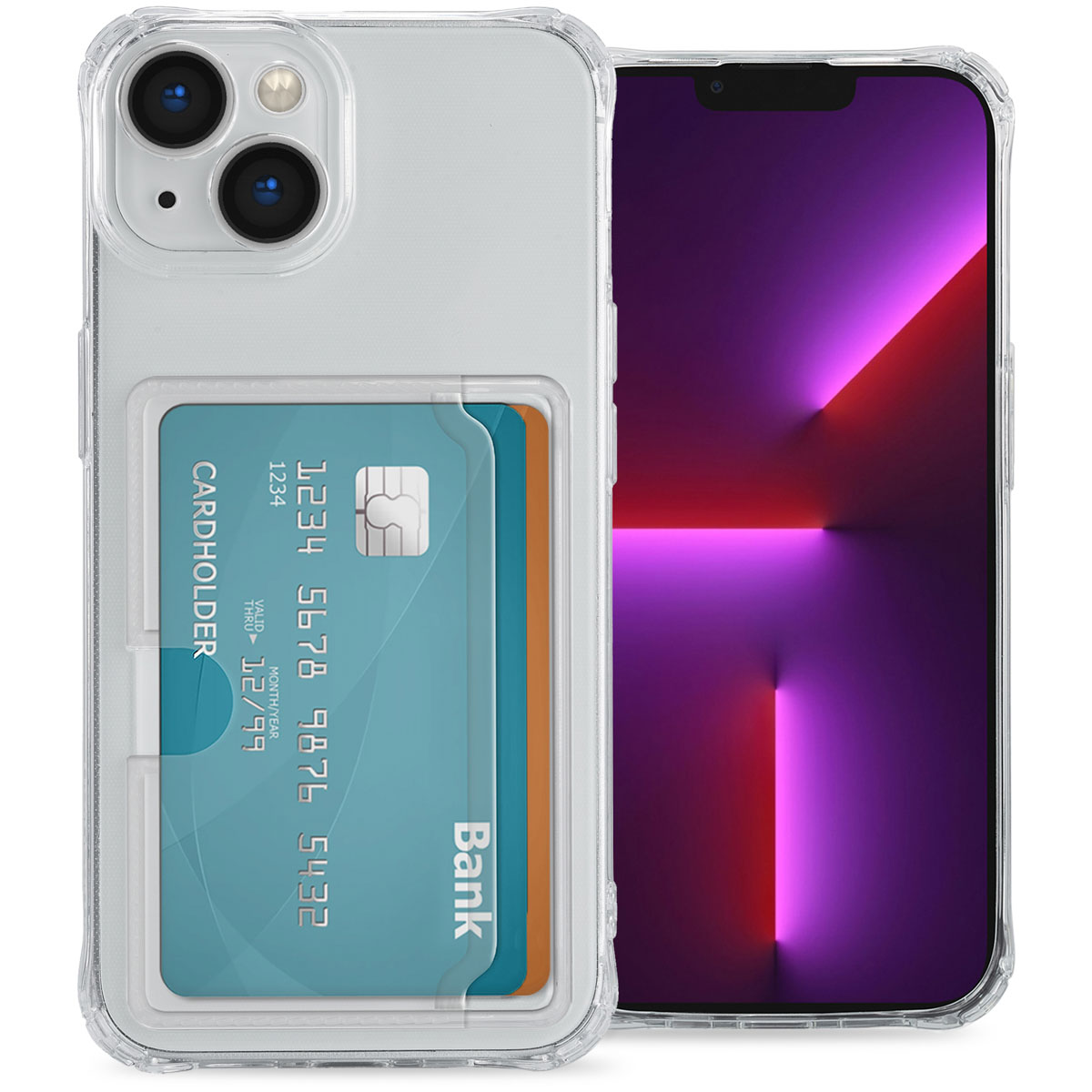 Una custodia trasparente per telefono con un porta carte contenente due carte. Il telefono è a destra.