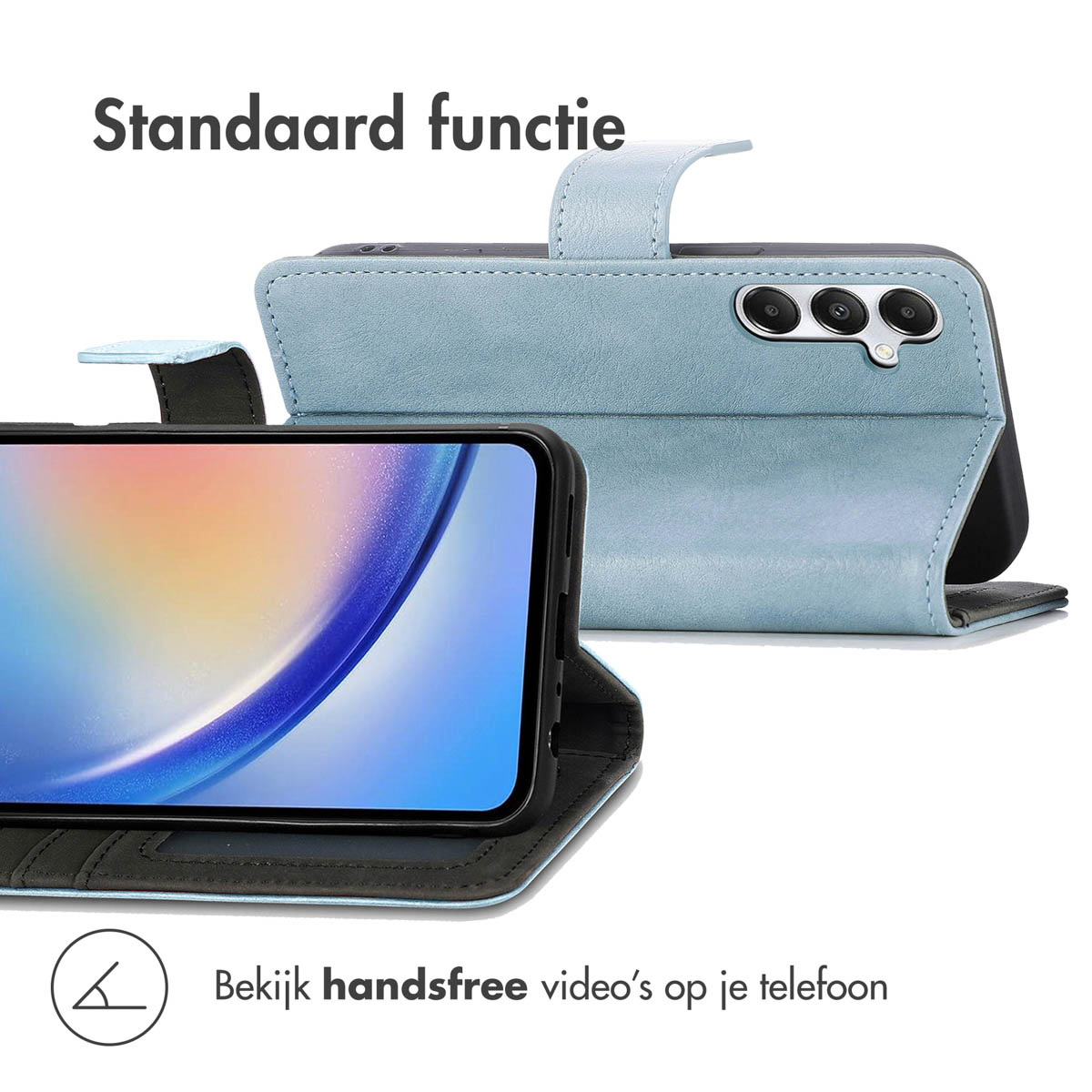 Blauwe telefoonhoes met een telefoon erin. Het scherm toont een achtergrond.