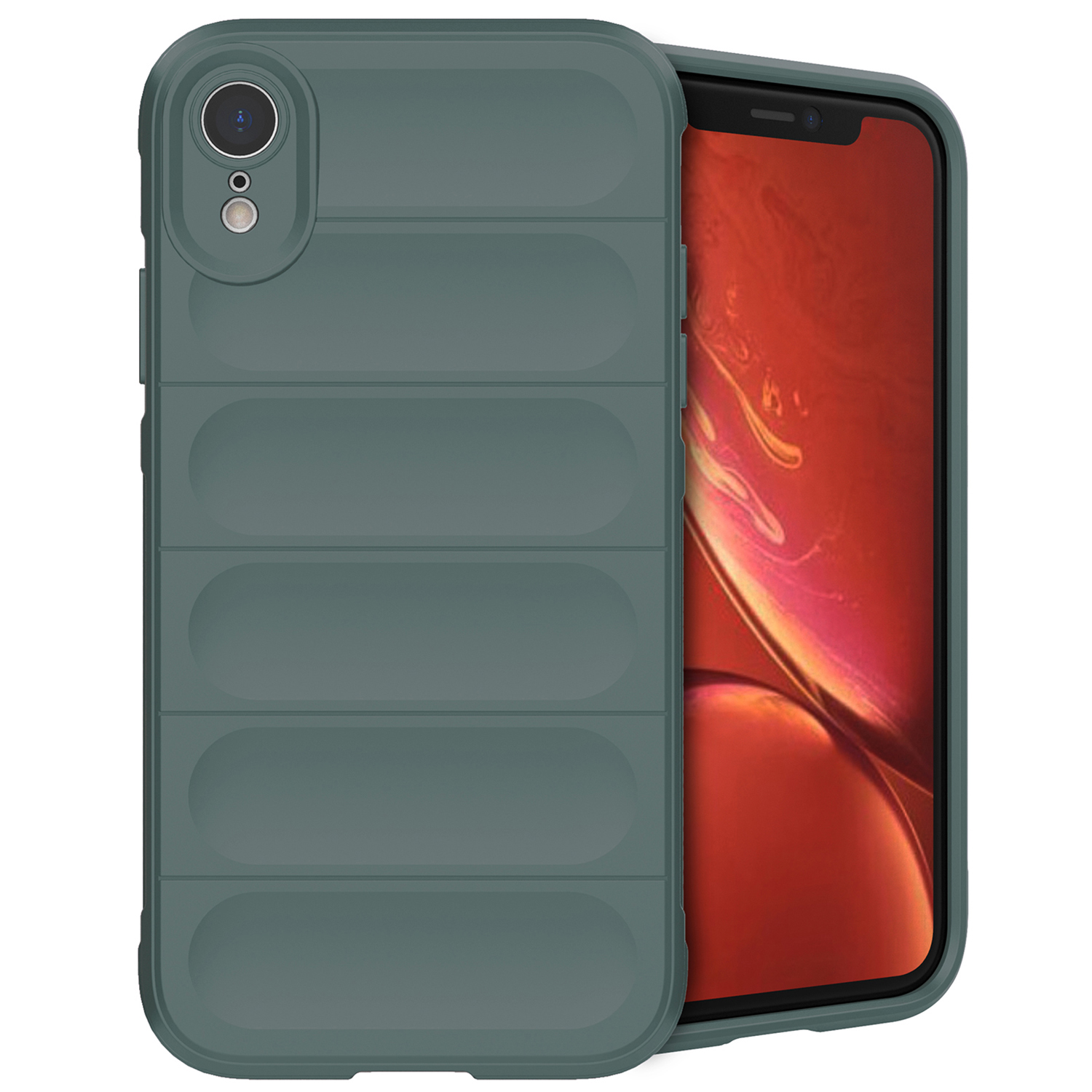 Eine grüne Handyhülle auf einem Telefon, das den Bildschirm zeigt. Hülle hat ein geriffeltes Design.