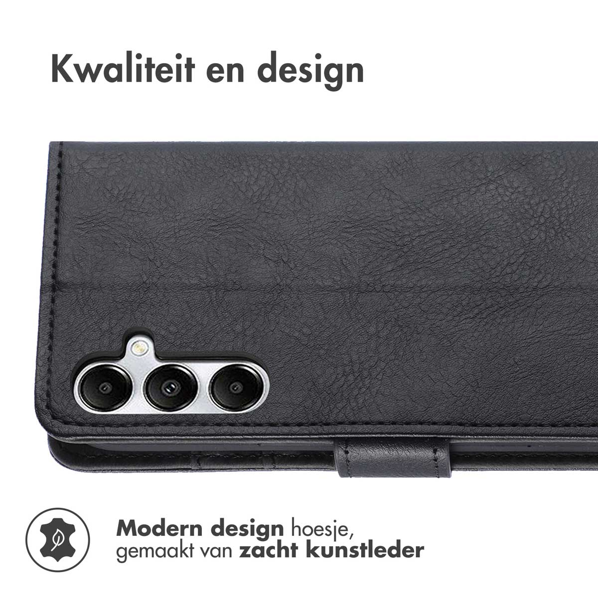 Zwarte kunstleren telefoonhoes met camera-uitsparing en tekst.