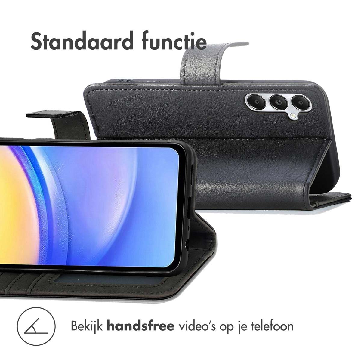 Zwarte telefoonhoes in open positie met standaardfunctie.