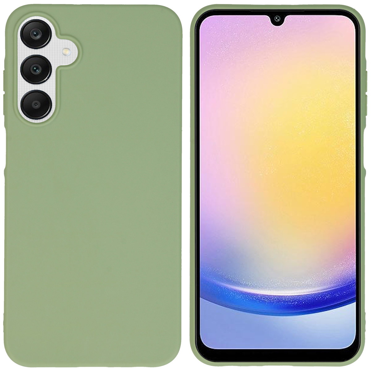 Groene telefoonhoes en telefoon. De telefoon heeft een kleurrijk scherm.