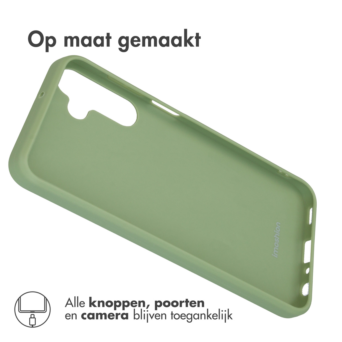 Lichtgroene telefoonhoes met uitsparingen voor knoppen en poorten.