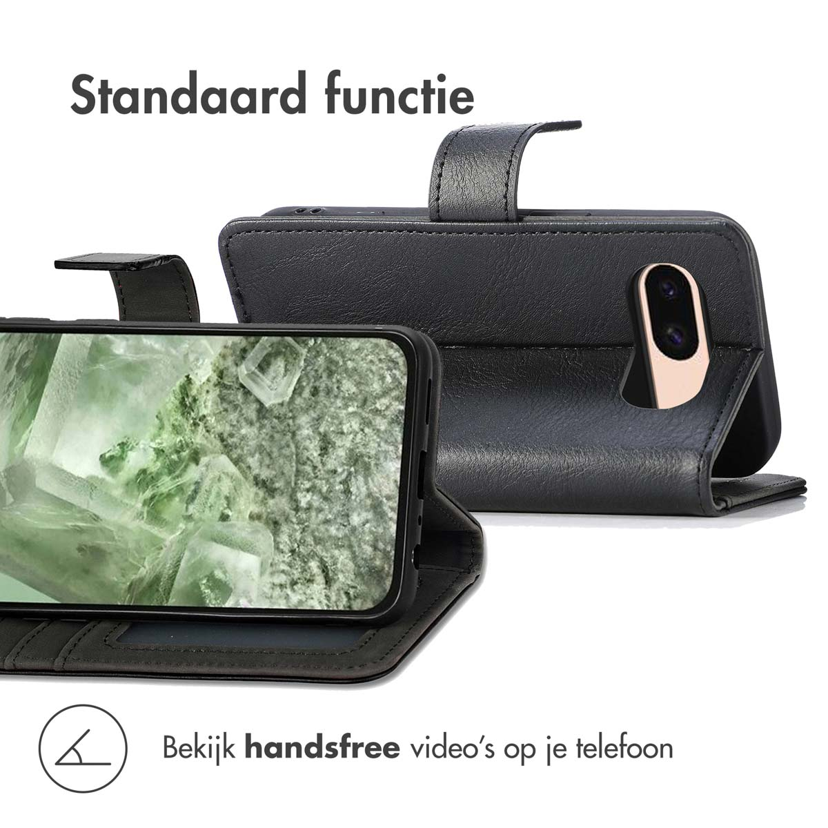 Zwarte telefoonhoes in staande positie. Toont een handsfree functie.