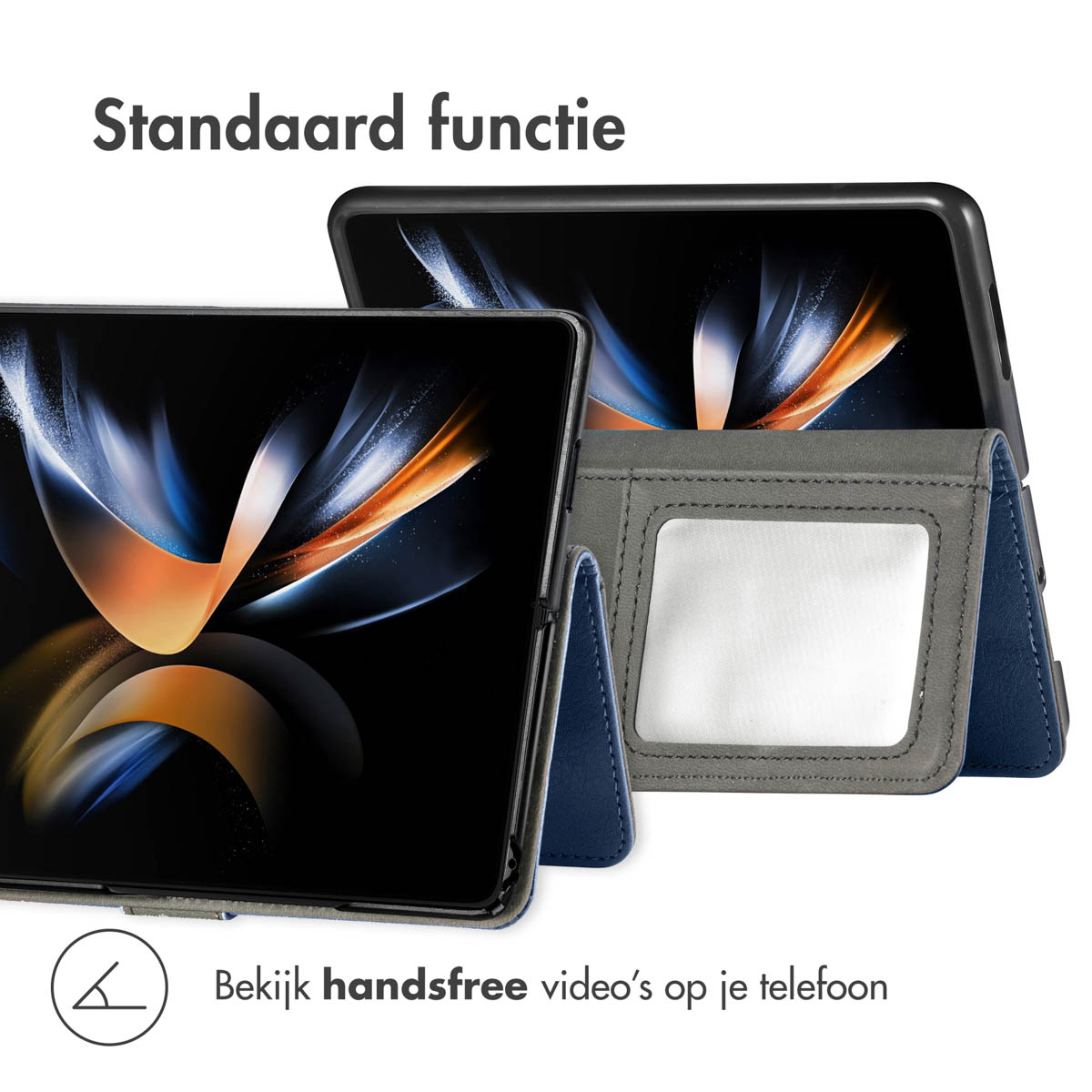 Un supporto per tablet blu e grigio con un tablet al centro.