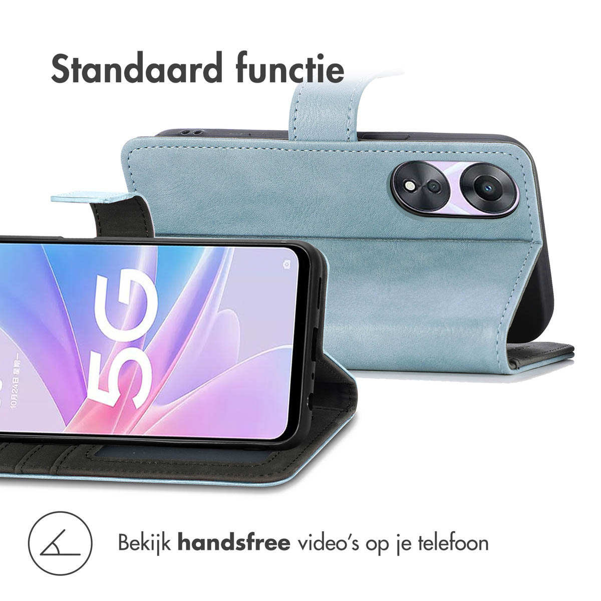Een lichtblauwe telefoonhoes met een geopende telefoon. Het scherm toont het 5G-logo en een lichte achtergrond.