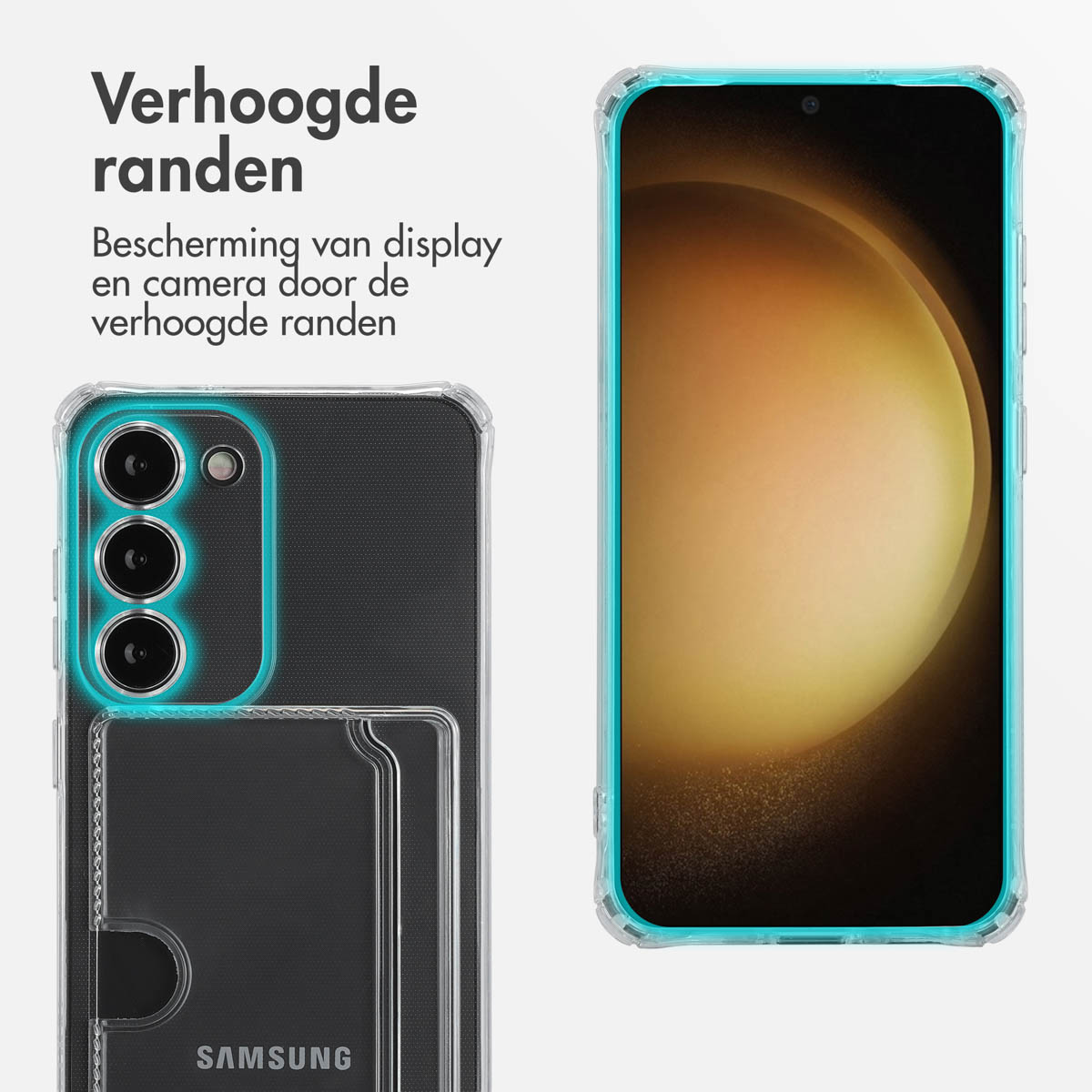 Transparante telefoonhoes met kaartsleuf. Telefoon met scherm en kaart zichtbaar. Blauwe rand. Witte achtergrond.