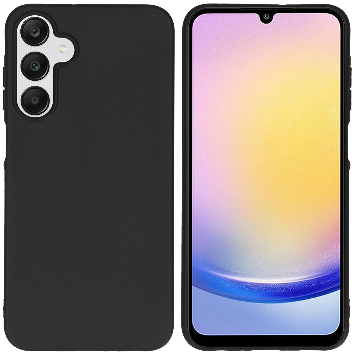 Zwarte telefoonhoes en de telefoon rechts. Het scherm is aan en zichtbaar.