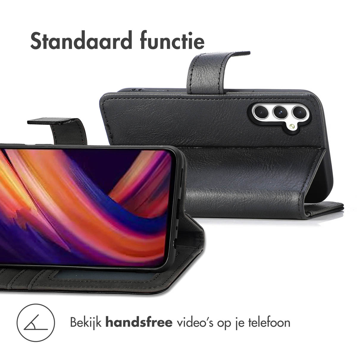 Coque noire ouverte. Le téléphone affiche une vidéo. Le texte dit : 'Regardez des vidéos mains libres sur votre téléphone'.