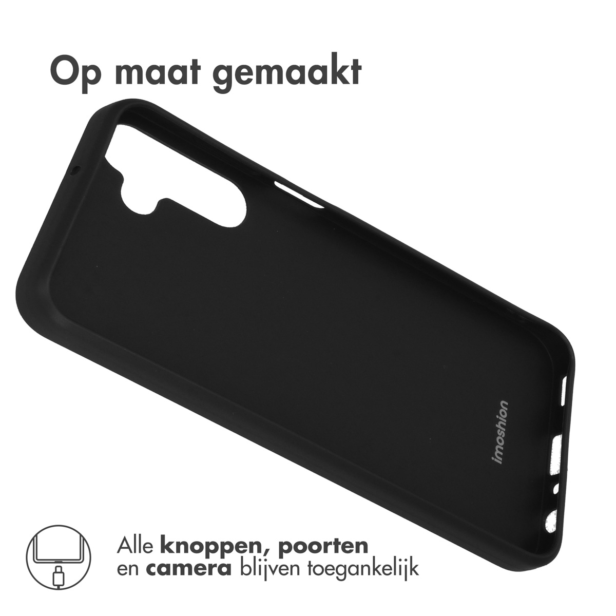 Zwarte telefoonhoes met uitsparingen voor camera en poorten.
