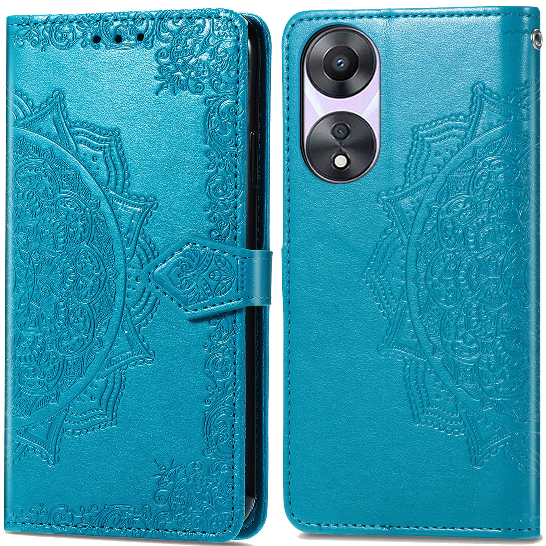 Petrol telefoonhoesje met reliëf bloemendesign. Open en gesloten.