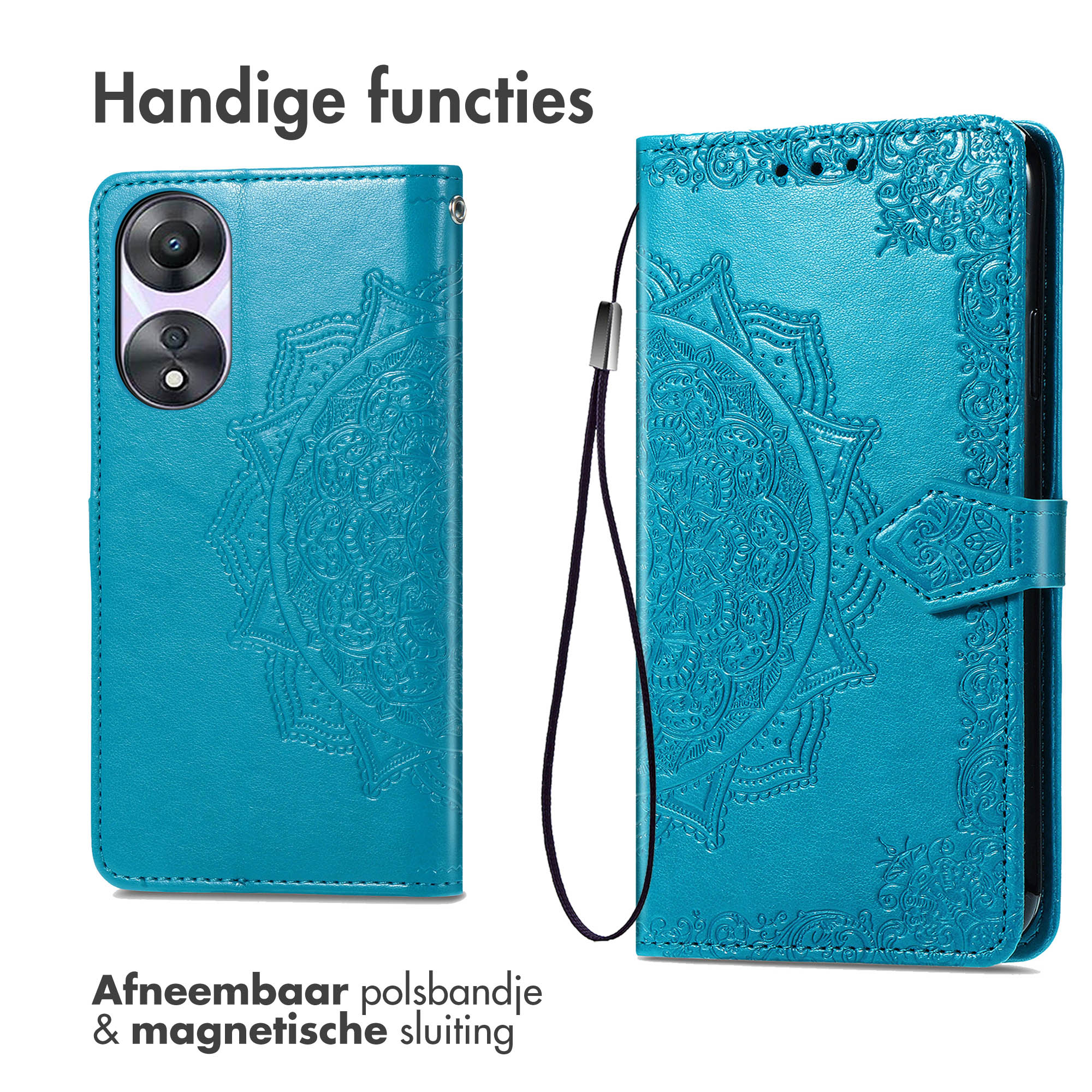 Een blauwe telefoonhoes met een telefoon erin, en een polsbandje.