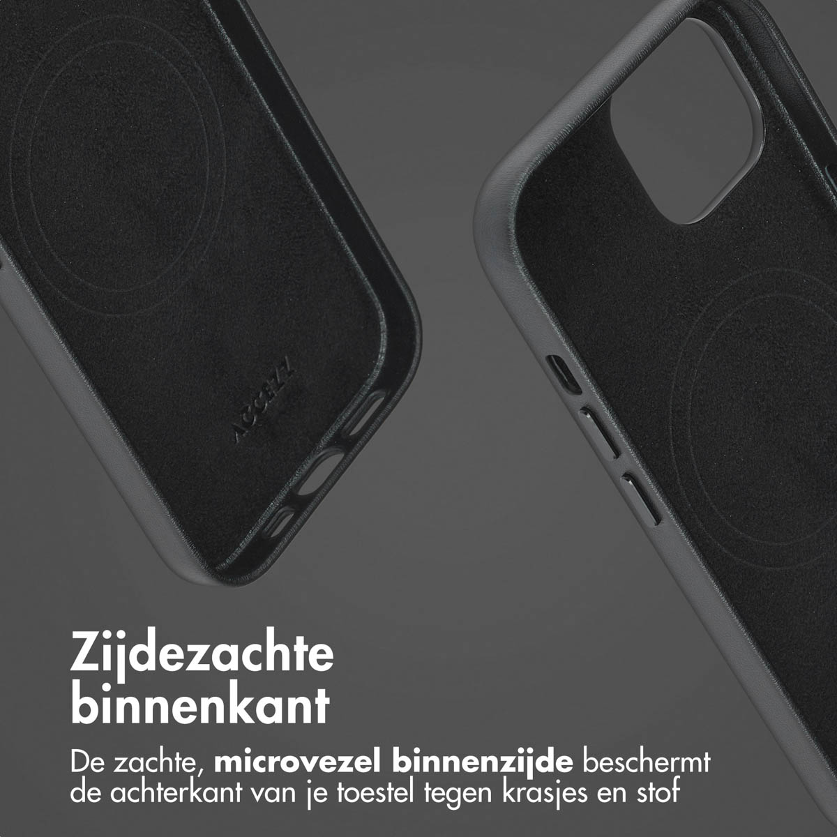 Deux coques de téléphone noires. L'une montre l'intérieur et l'autre le côté. Le texte dit 'intérieur doux' et 'la microfibre intérieure protège'.
