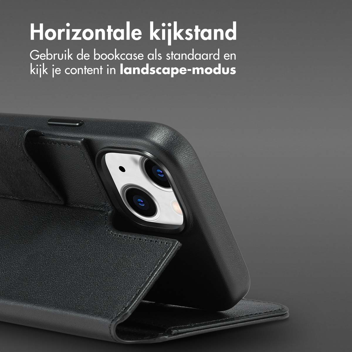 Coque de téléphone noire avec le téléphone en mode paysage. Le texte dit : 'Utilisez l'étui comme support et regardez votre contenu en mode paysage'.