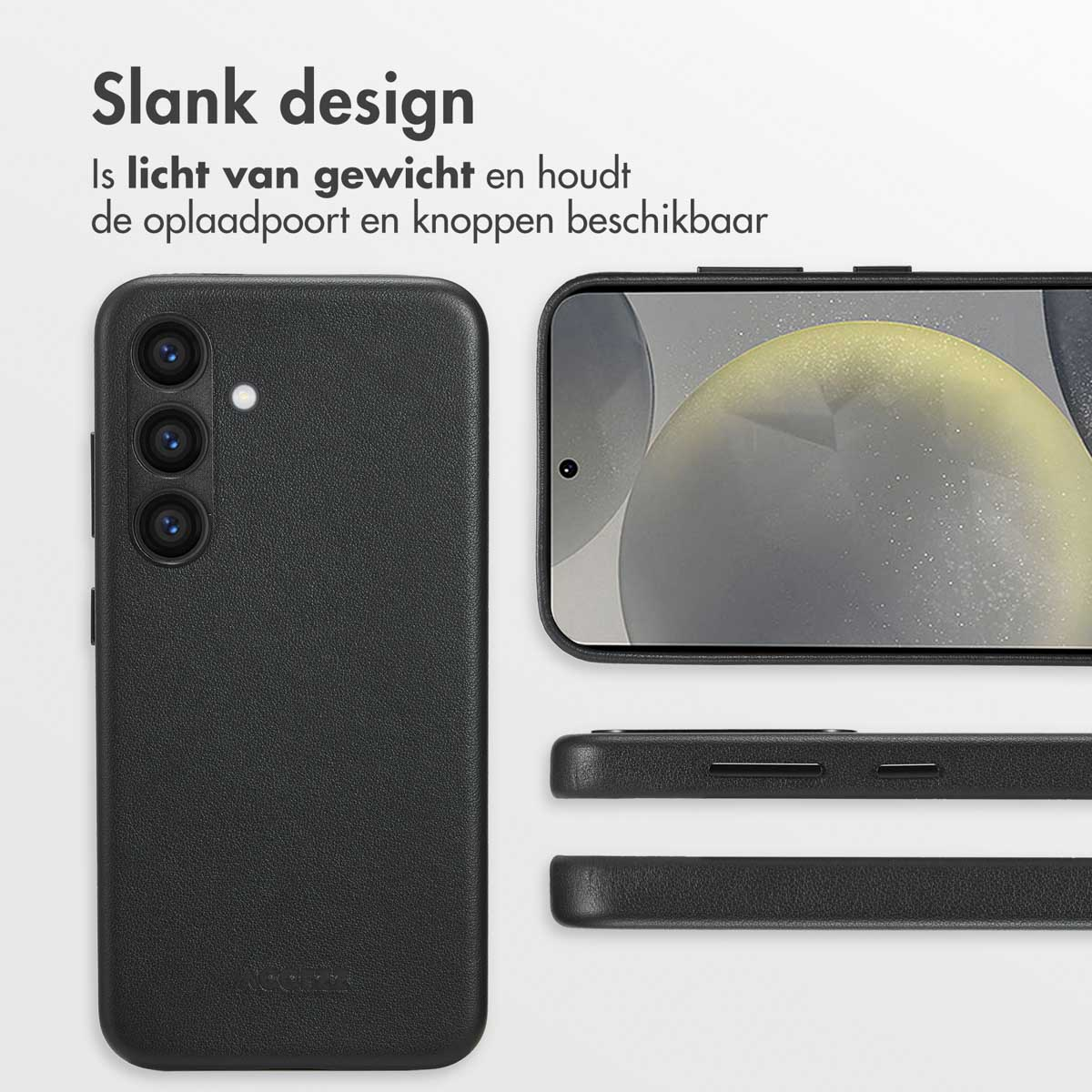 Zwarte telefoonhoes met telefoon. Tekst: 'Slank design is licht en houdt de oplaadpoort toegankelijk'.