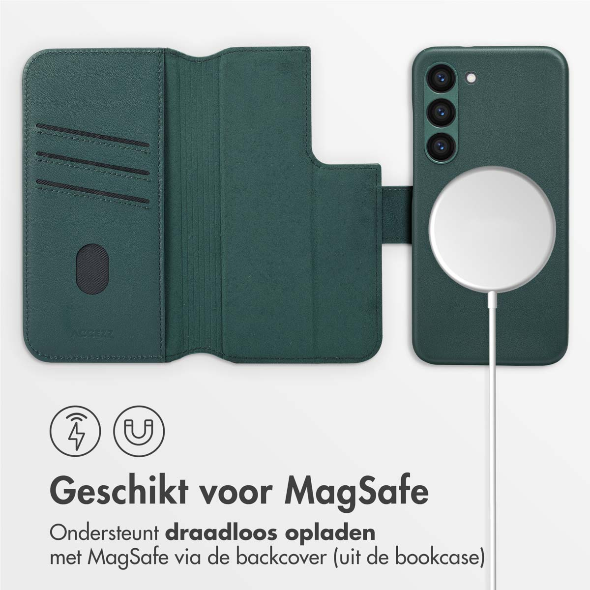 Groene telefoonhoes met MagSafe. Telefoon, hoes en oplaadpad zichtbaar. Witte achtergrond.