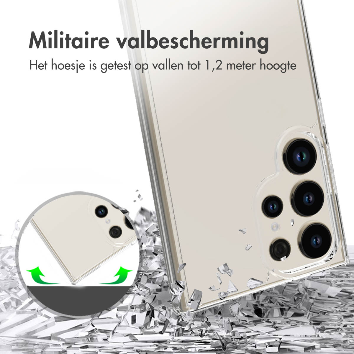 Handyhülle. Die Hülle ist klar, das Telefon sichtbar. Text: 'Militärischer Fallschutz'.