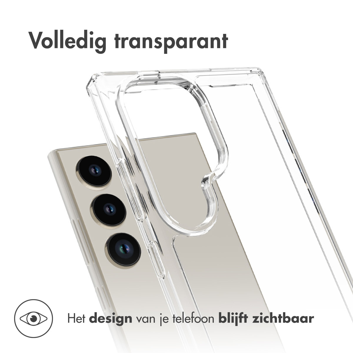 Transparante telefoonhoes met een telefoon. Tekst: 'Volledig transparant'.