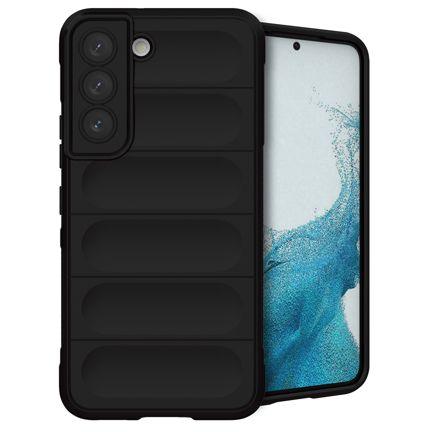 Zwarte telefoonhoes. Het heeft een geribbeld ontwerp en bedekt de achterkant en zijkanten van een telefoon.