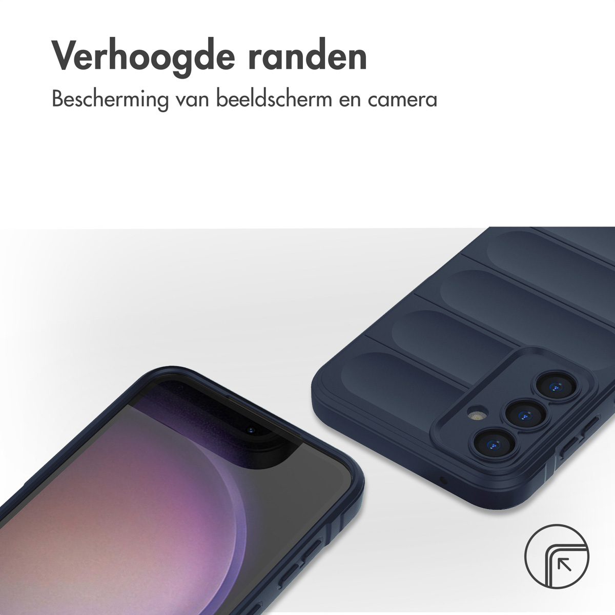 Custodia per telefono blu navy e telefono angolato, che mostra i bordi rialzati della custodia.