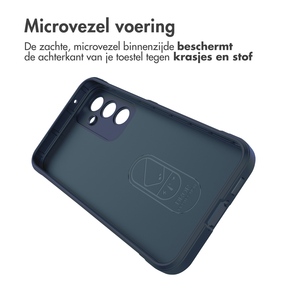 Interno custodia blu scuro con logo "DROP PROTECTION".
