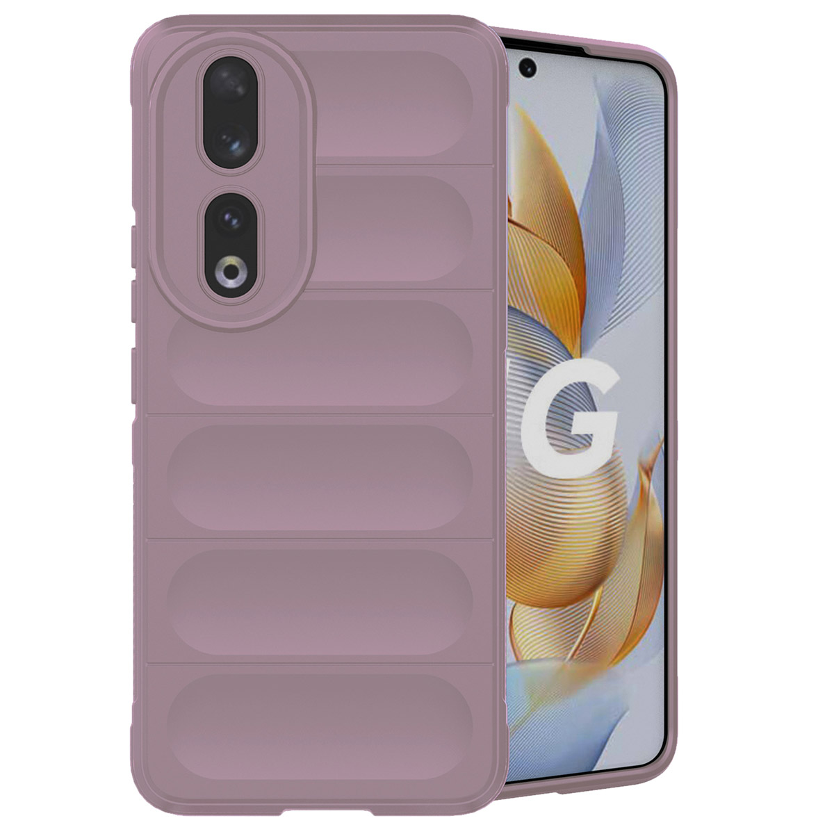 Een paarse telefoonhoes op een telefoon. De hoes heeft een geribbeld ontwerp. Het scherm van de telefoon is zichtbaar.