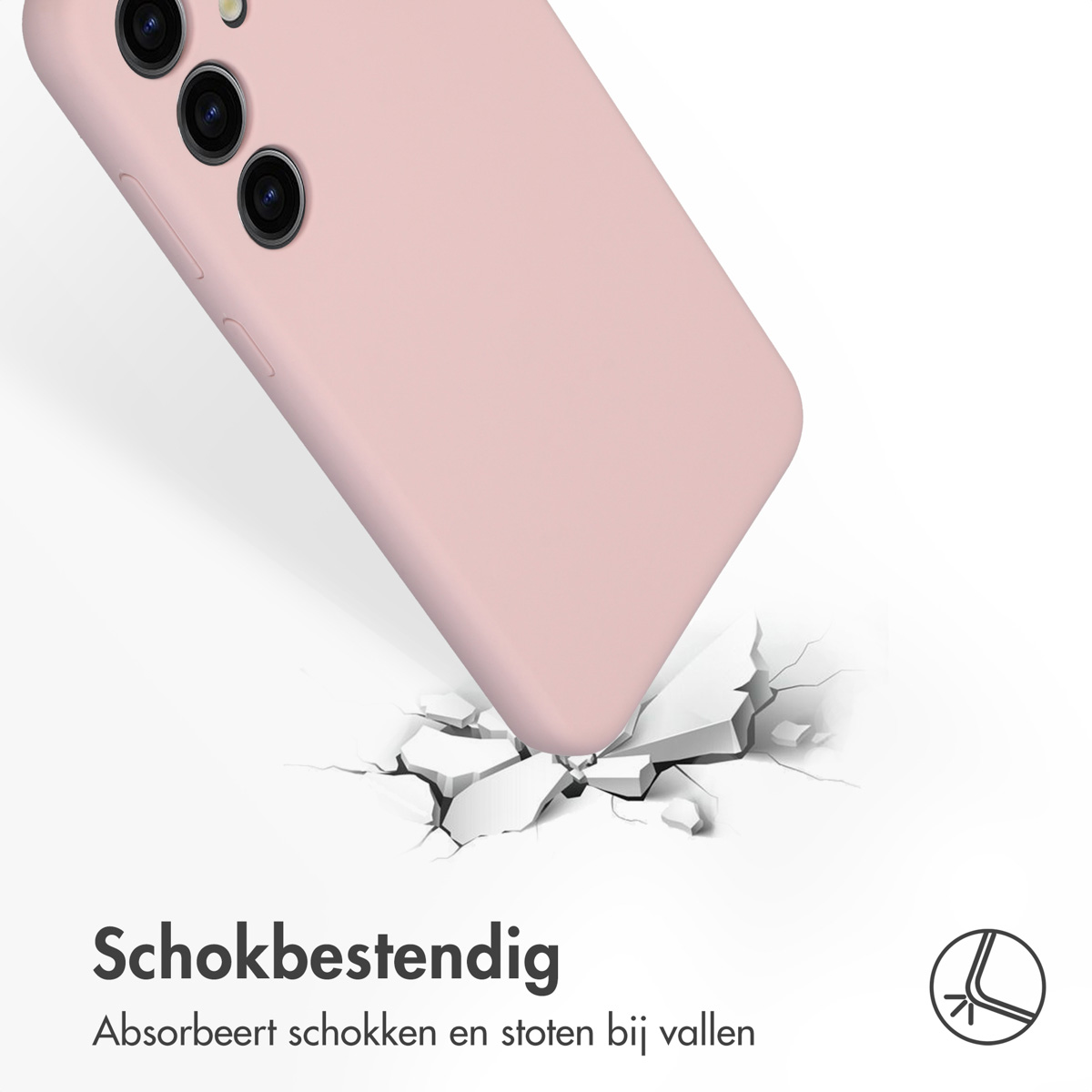 Coque de téléphone rose tombant et brisant une surface blanche. Texte : 'Schokbestendig'.