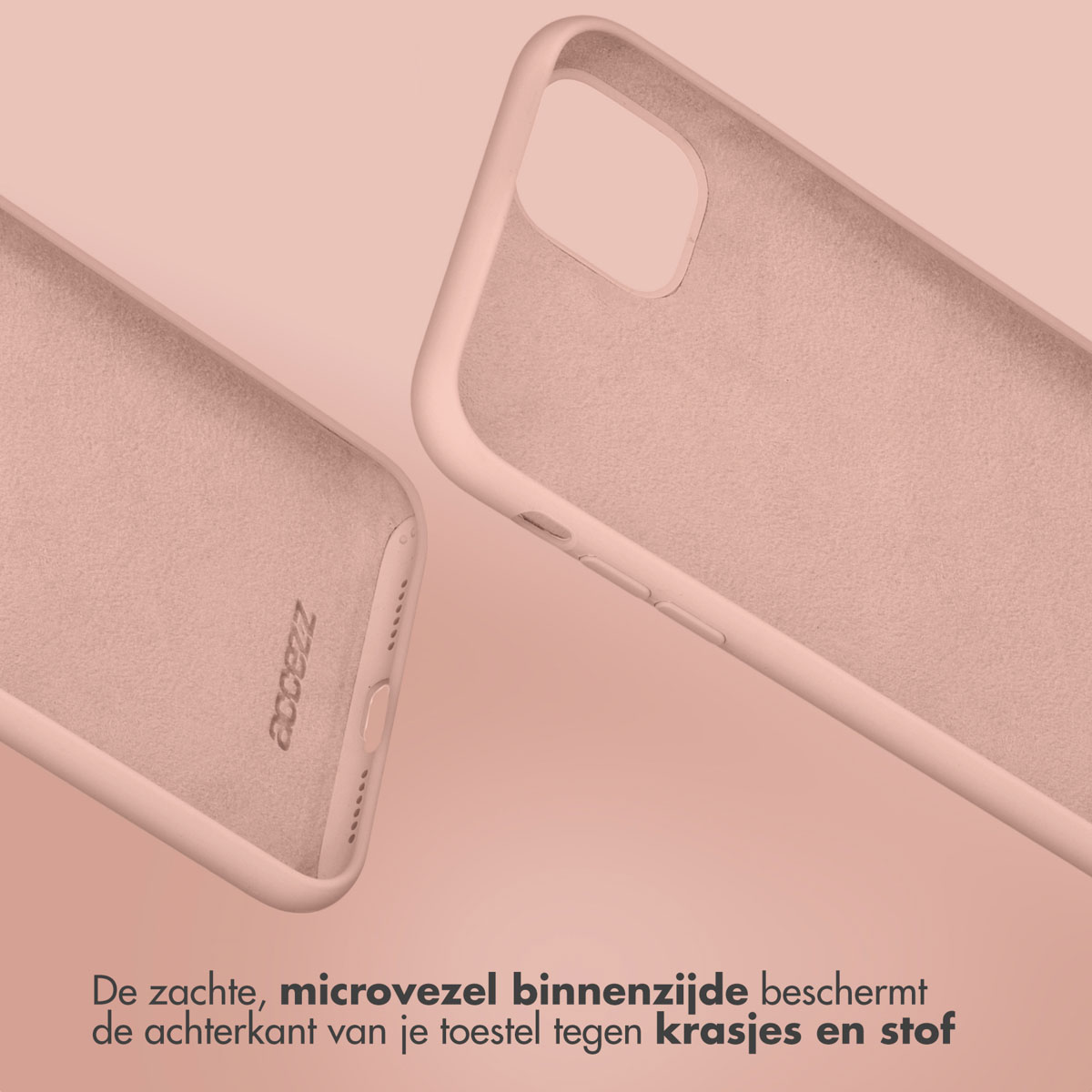 Zwei rosa Handyhüllen. Text: 'De zachte, microvezel binnenzijde beschermt'.