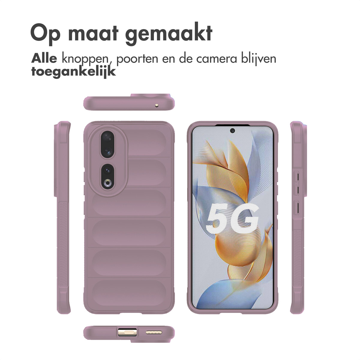 Een roze telefoonhoes met een telefoon erin, die de camera van de telefoon laat zien.