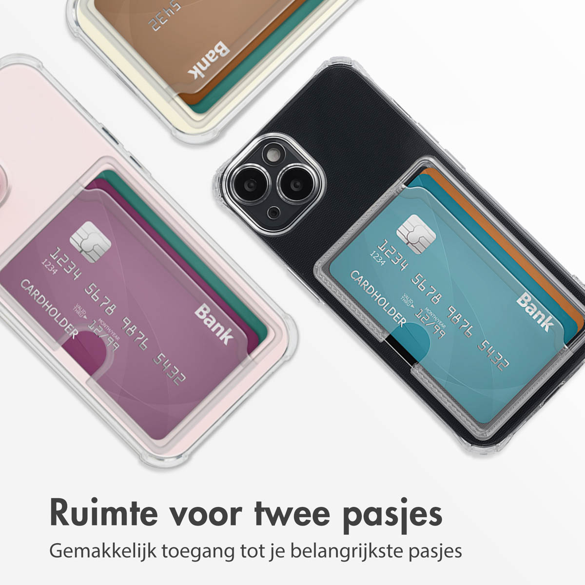 Custodie trasparenti con carte. Tre telefoni con slot, con carte di credito. Rosa, beige e blu.