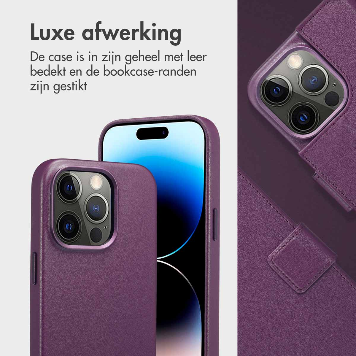 Un étui de téléphone en cuir violet. L'étui est fermé et possède un fermoir. Le téléphone est à l'intérieur.
