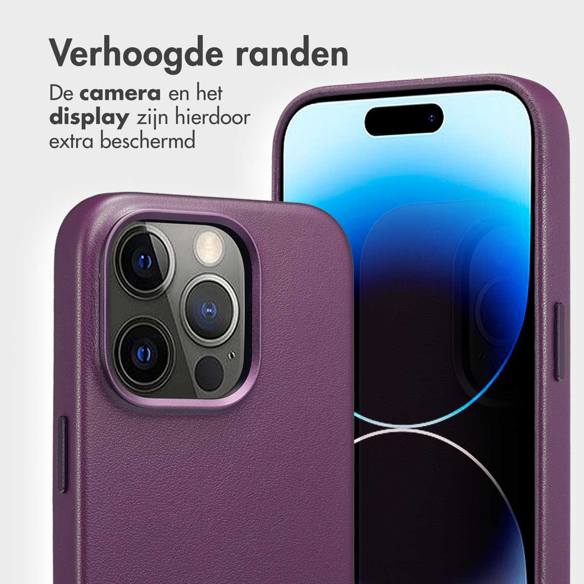 Coque de téléphone violette sur un téléphone. La caméra et l'écran sont visibles, la coque a des bords surélevés.