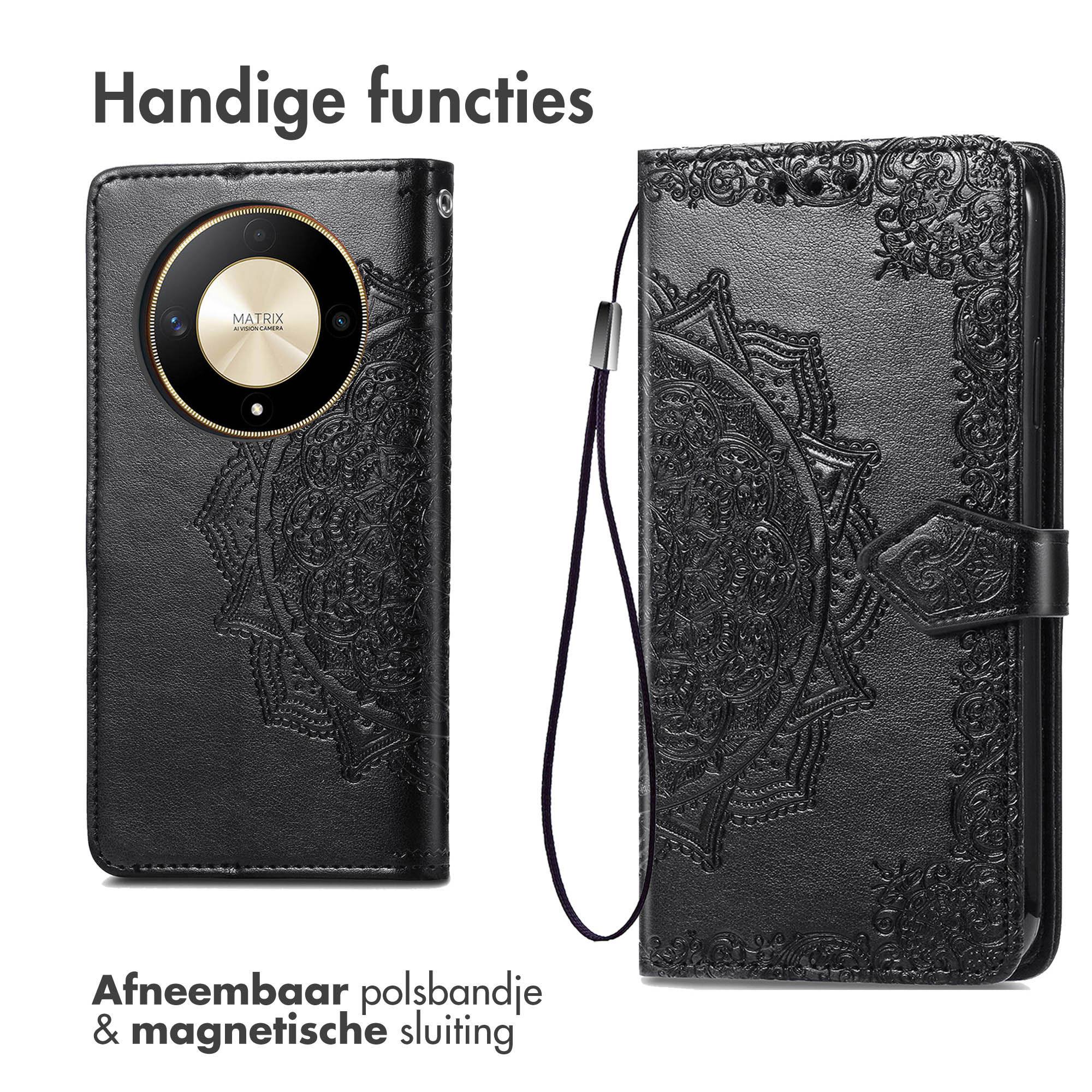 Coque de téléphone noire avec mandala en relief, dragonne amovible et fermeture magnétique.