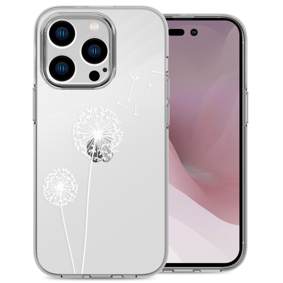 Telefono in custodia trasparente con un design di soffione. Il telefono è rosa.