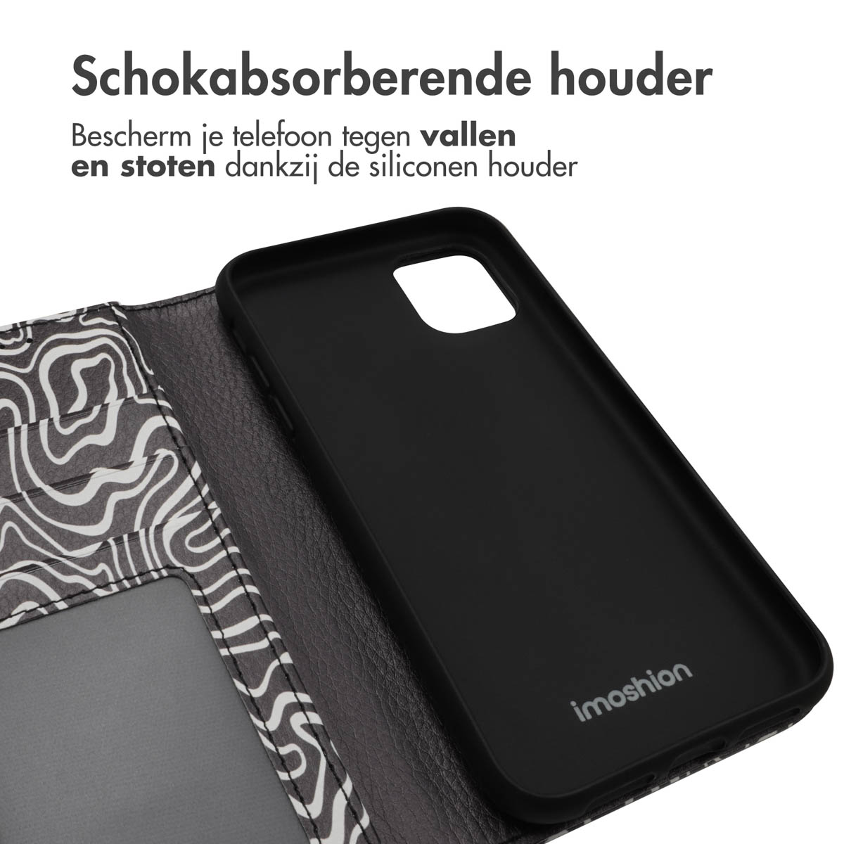Zwarte telefoonhoes met patroon en logo