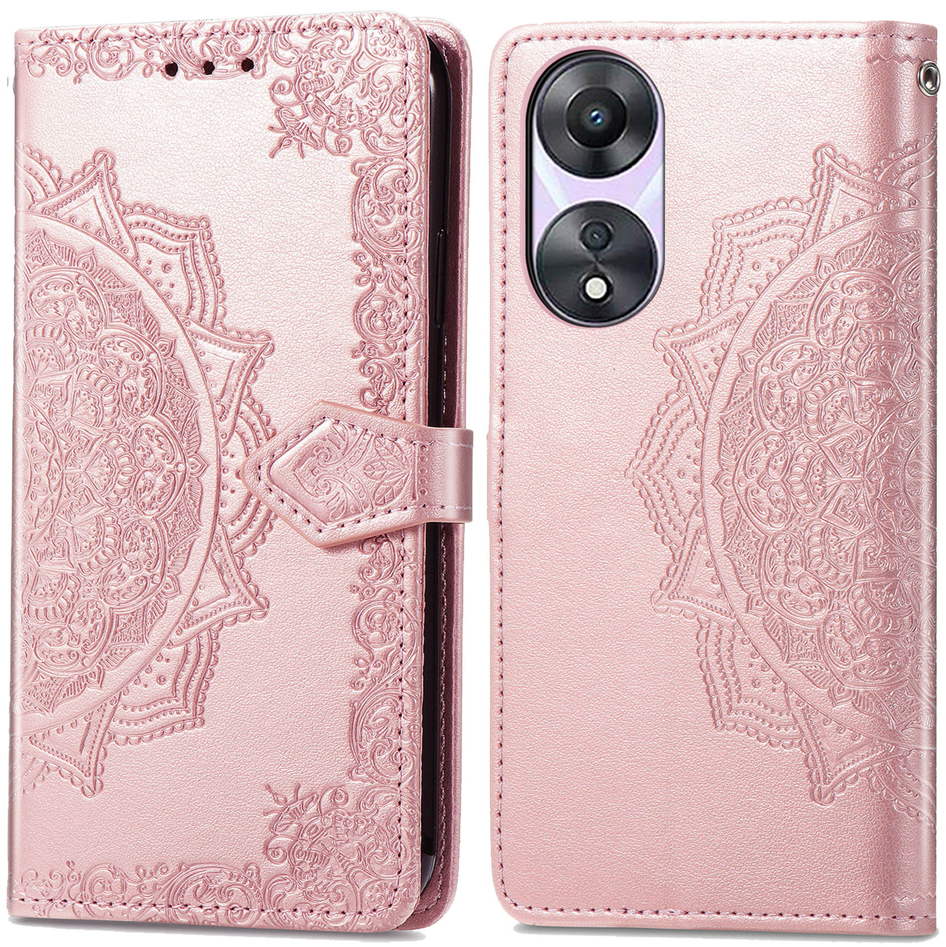 Coque de téléphone rose avec un motif floral détaillé. Ouvert pour révéler le téléphone et les fentes pour cartes.