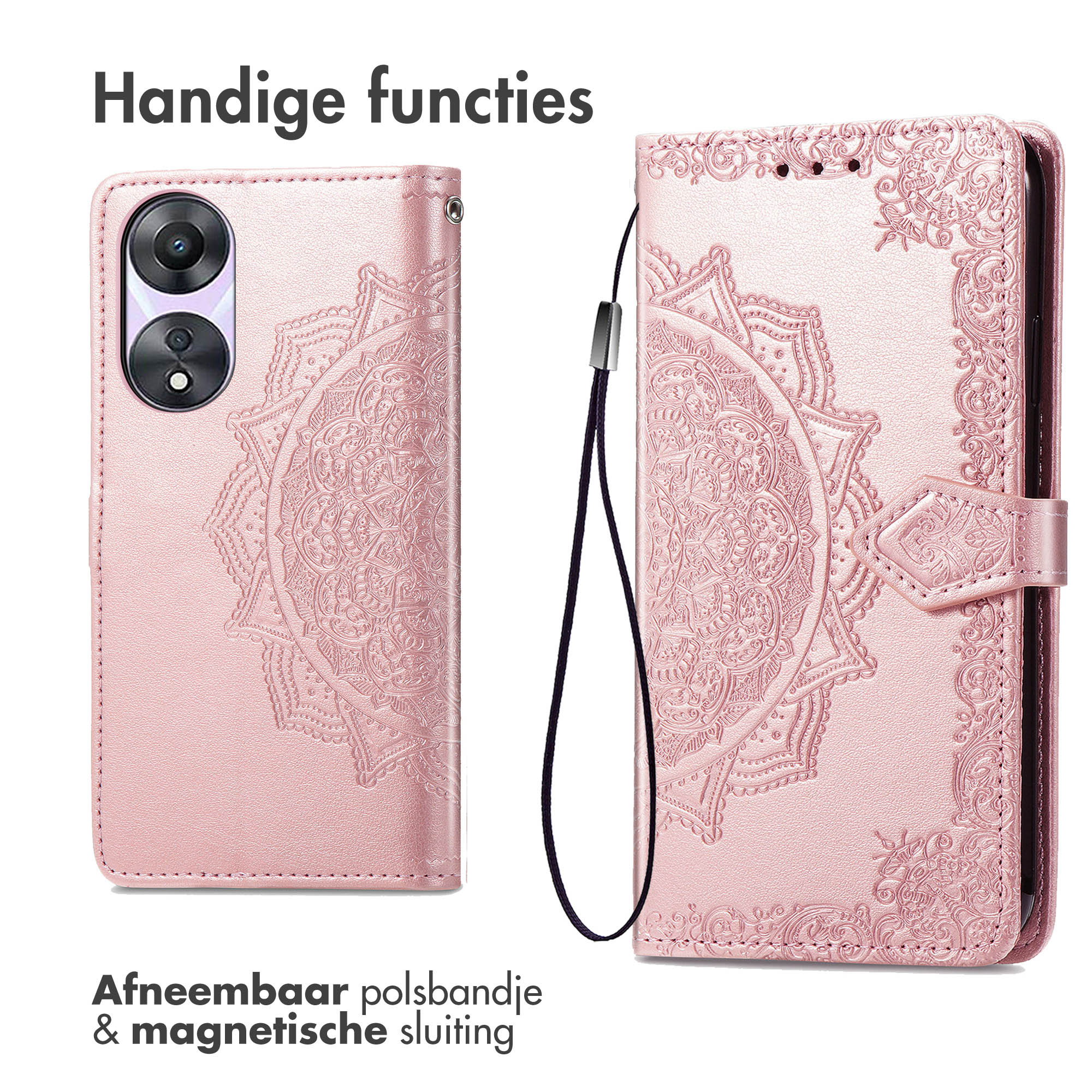 Coque de téléphone rose avec motif mandala. Texte: Dragonne amovible et fermeture magnétique.