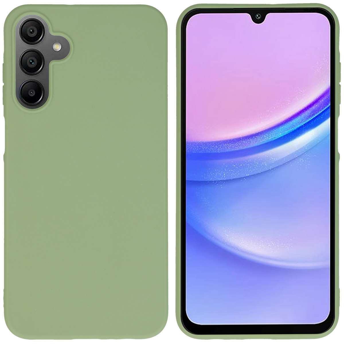 Une coque de téléphone verte, avec un téléphone à l'intérieur. Le téléphone a un écran sur le côté droit.
