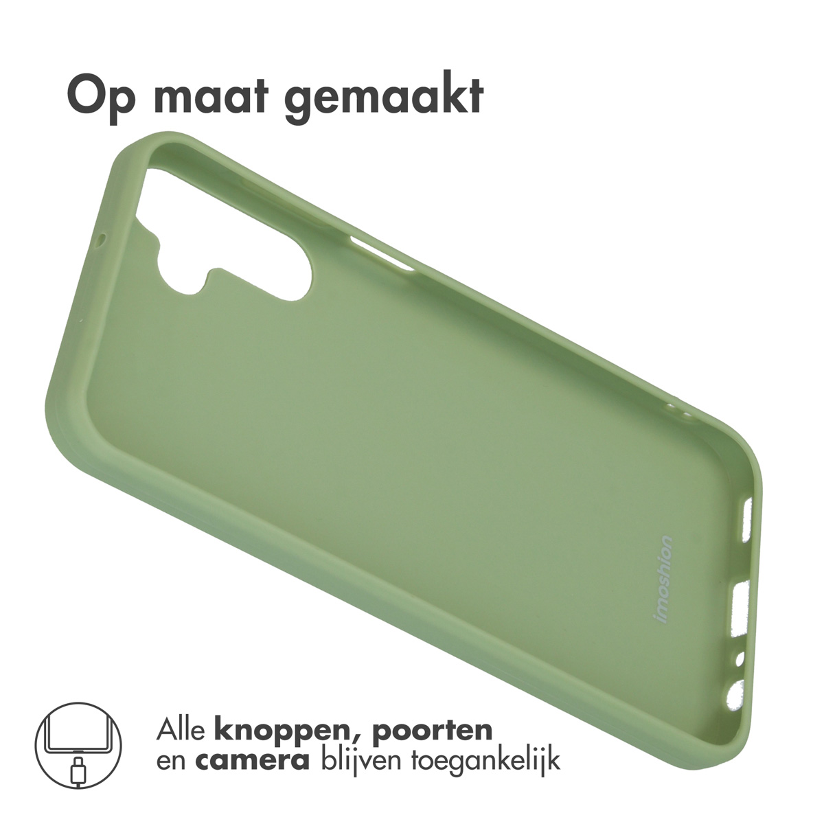 Coque de téléphone verte avec découpes pour boutons et ports.